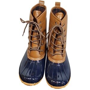 Sporto Ariel‎ Duck Boots Navy Blue Tan Plaid Lined Rain Snow Boots Womens 8.5M